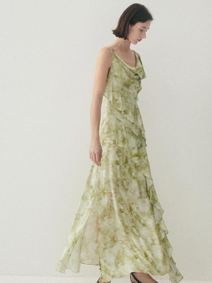someone sometimes Viscose Asymmetric Ruffle Hem Cinched Waist Aline Lake Green Maxi Dresses