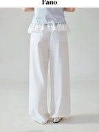 fano Pure Cotton Elastic Waist Loose Korean Office Natural Waist White Straight Pants