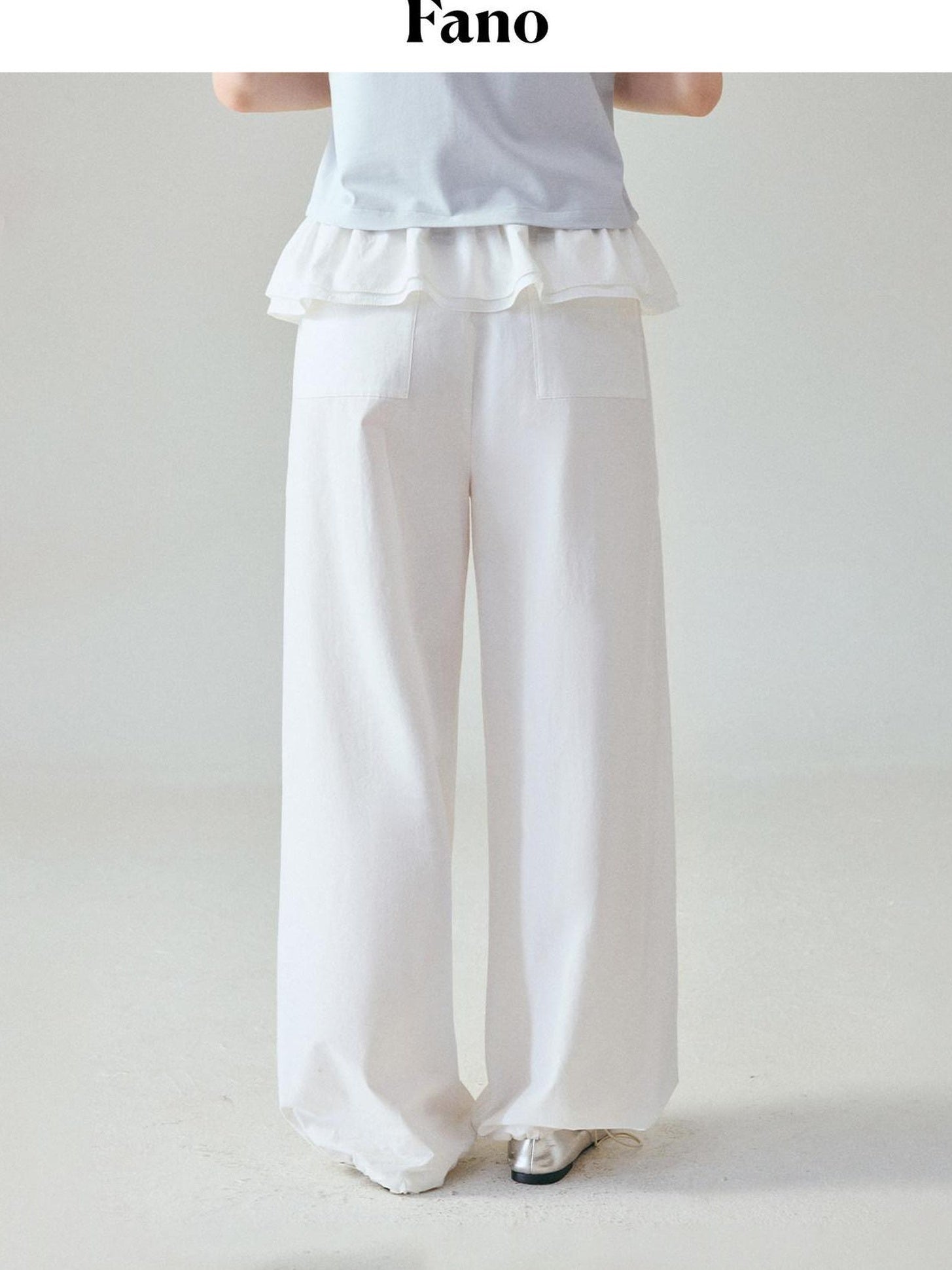 fano Pure Cotton Elastic Waist Loose Korean Office Natural Waist White Straight Pants