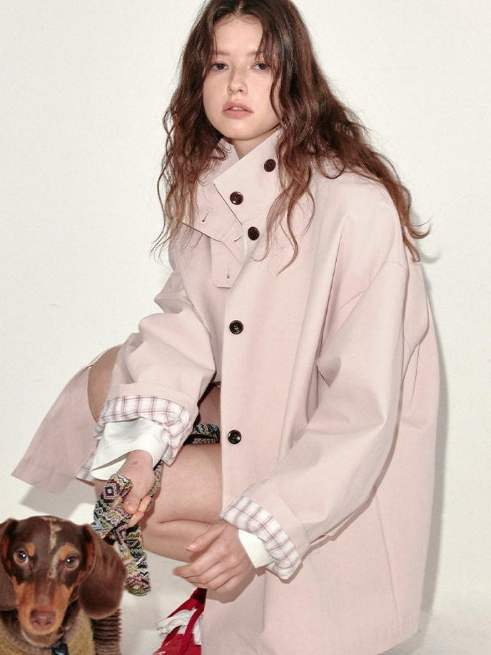 fano Peach Pink Cotton Lined Korean Loose Short Single Breasted Women Trench Coats
