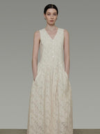 unspoken Elegant Jacquard V-neck High Waist A Line Sleeveless Work Off White Maxi Dresses