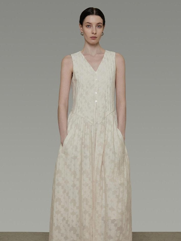 unspoken Elegant Jacquard V-neck High Waist A Line Sleeveless Work Off White Maxi Dresses