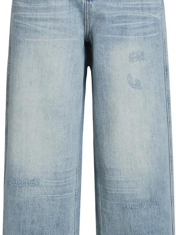 fano High Waist Cotton Floral Blue Zip Fly Loose Fit Women Straight Leg Jeans