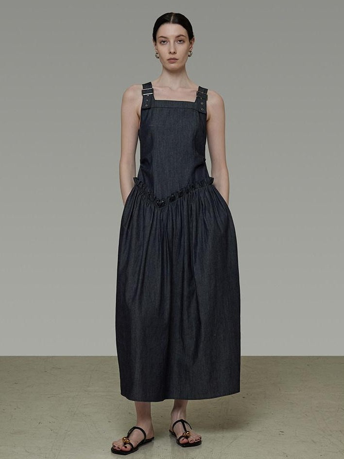 unspoken Minimalist Pleated Cinched Waist Cotton A Line Strap Dress Women Maxi Dresses