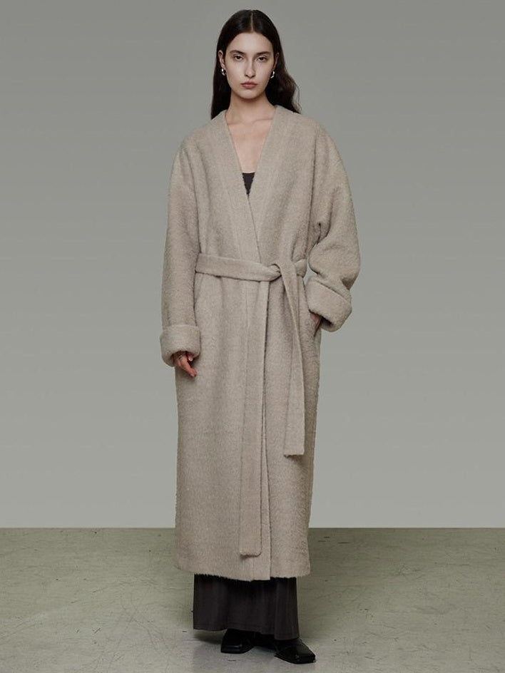 unspoken Cozy Sheepswool Belted Loose Fit Minimal Office V-neck Mid Length Wool Coats