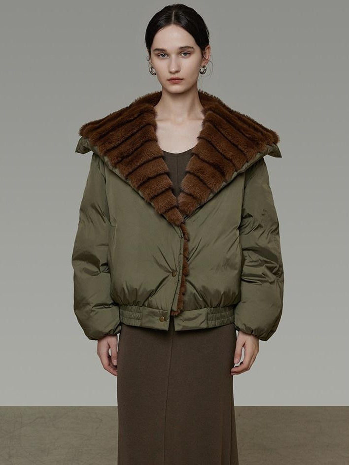 unspoken 90% White Duck Down Warm Loose Patchwork Commuter Olive Green Zip Down Jackets