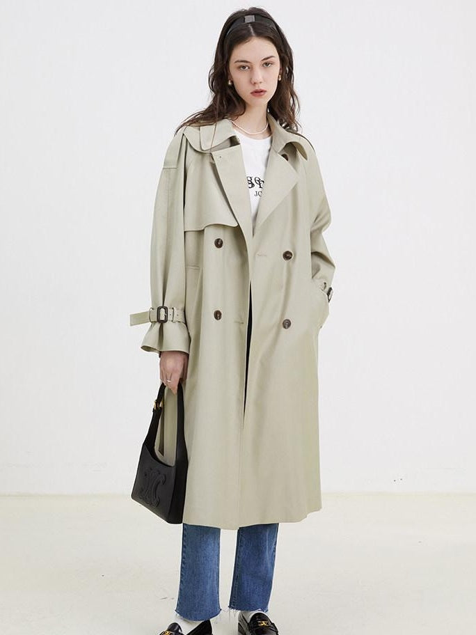 fano Classic Double Breasted Long Straight Fit Commuter Women Khaki Trench Coats