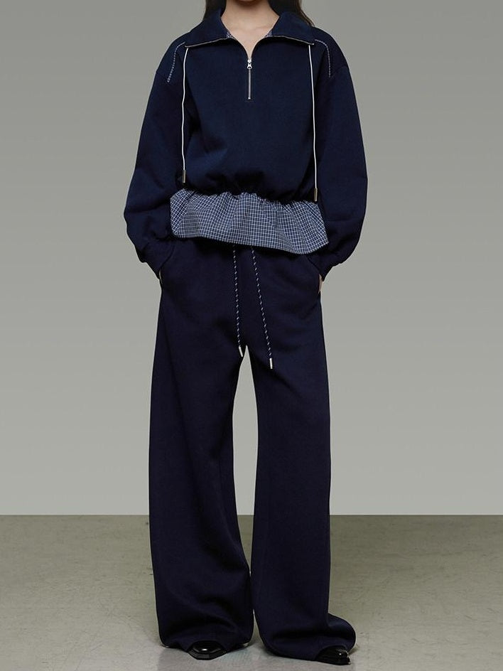 unspoken Breathable Soft Cotton Minimal Mid Rise Drawstring Navy Women Wide Leg Pants