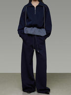 unspoken Breathable Soft Cotton Minimal Mid Rise Drawstring Navy Women Wide Leg Pants