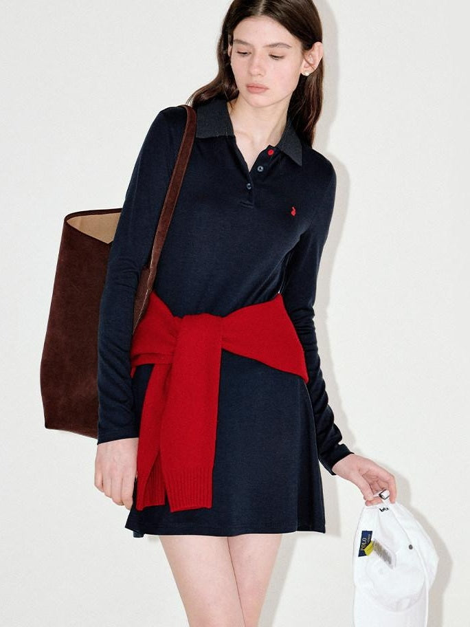 fano Soft Embroidered Tencel Vintage Aline Slim Long Sleeve Navy Midi Dresses