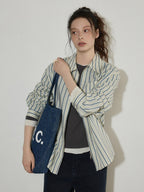 Lofi choose Cotton Blend Colorblock Loose Fit Striped Lapel Zip Women Work Shirts