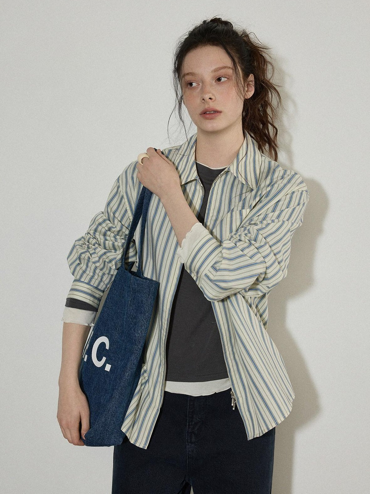 Lofi choose Cotton Blend Colorblock Loose Fit Striped Lapel Zip Women Work Shirts