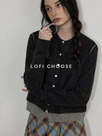 Lofi choose Office Loose Fit Colorblock Button Crewneck Graphic Layered Women Knit Cardigans