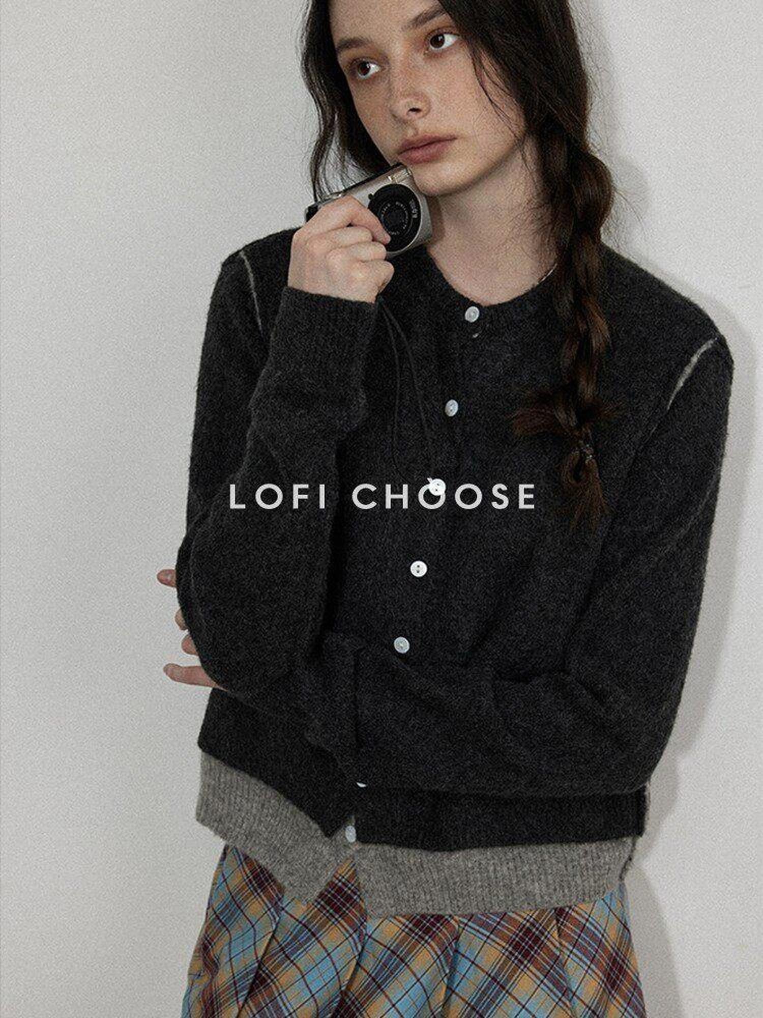 Lofi choose Office Loose Fit Colorblock Button Crewneck Graphic Layered Women Knit Cardigans