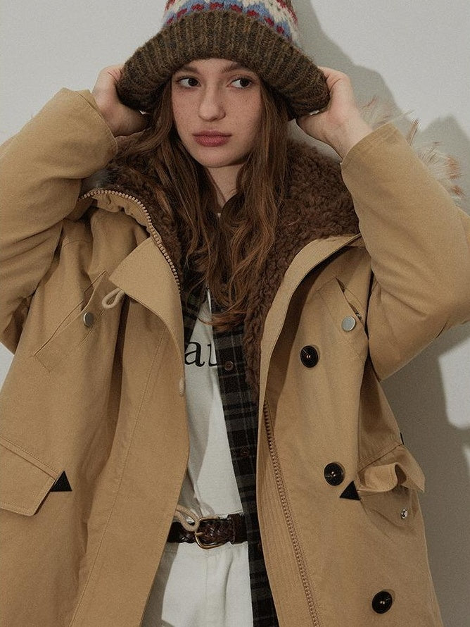 Lofi choose 90 Percent White Duck Down Thick Hooded Commuter Khaki Zip Down Jackets