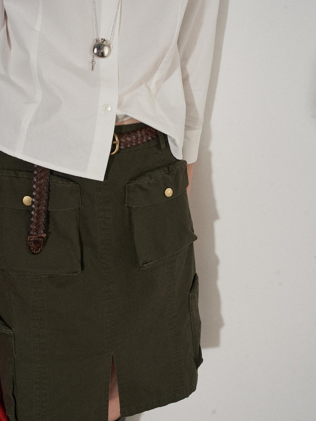 Lofi choose High Waist Cotton Slit H Line Loose Office Women Seaweed Green Midi Skirts
