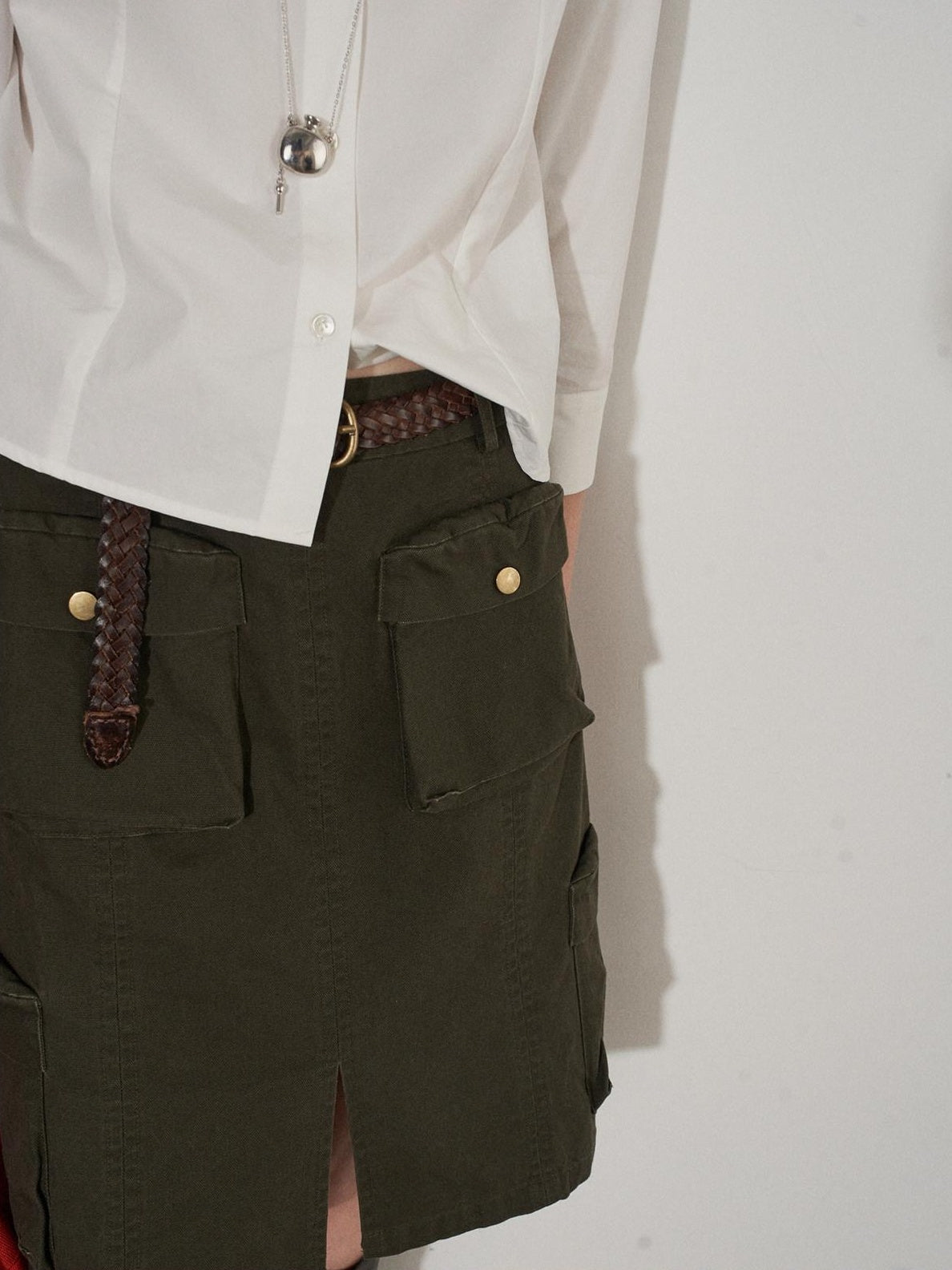 Lofi choose High Waist Cotton Slit H Line Loose Office Women Seaweed Green Midi Skirts