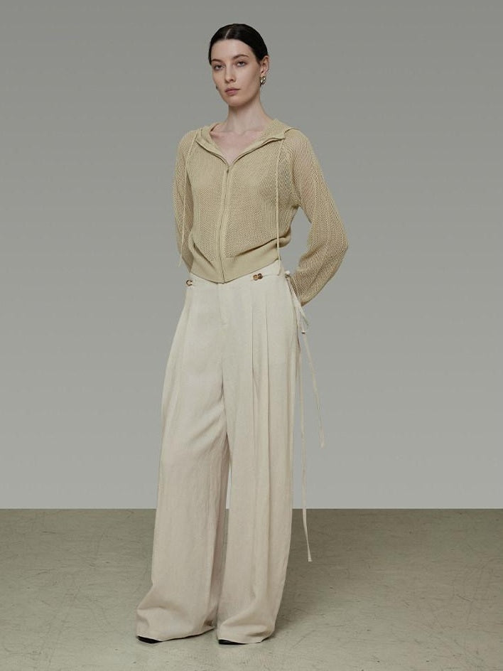 unspoken High Waisted Lyocell Linen Pleated Tie Waist Office Casual Wide Leg Pants