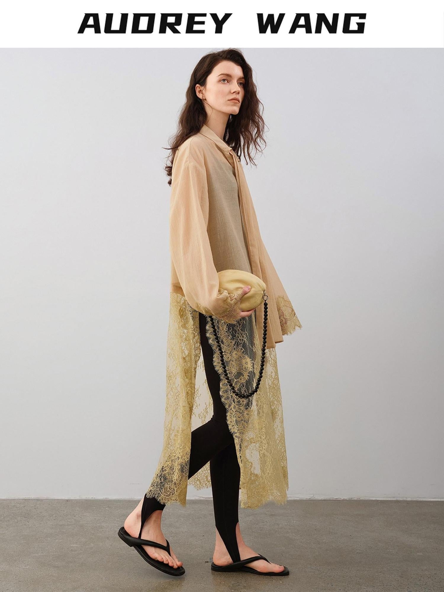 audreyyang Lace Patchwork Cotton Blend Relaxed Long Sleeve Casual Women Midi Dresses