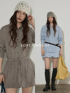 Lofi choose Comfortable Loose Plaid Button Collar Long Sleeve Women Workwear Midi Dresses
