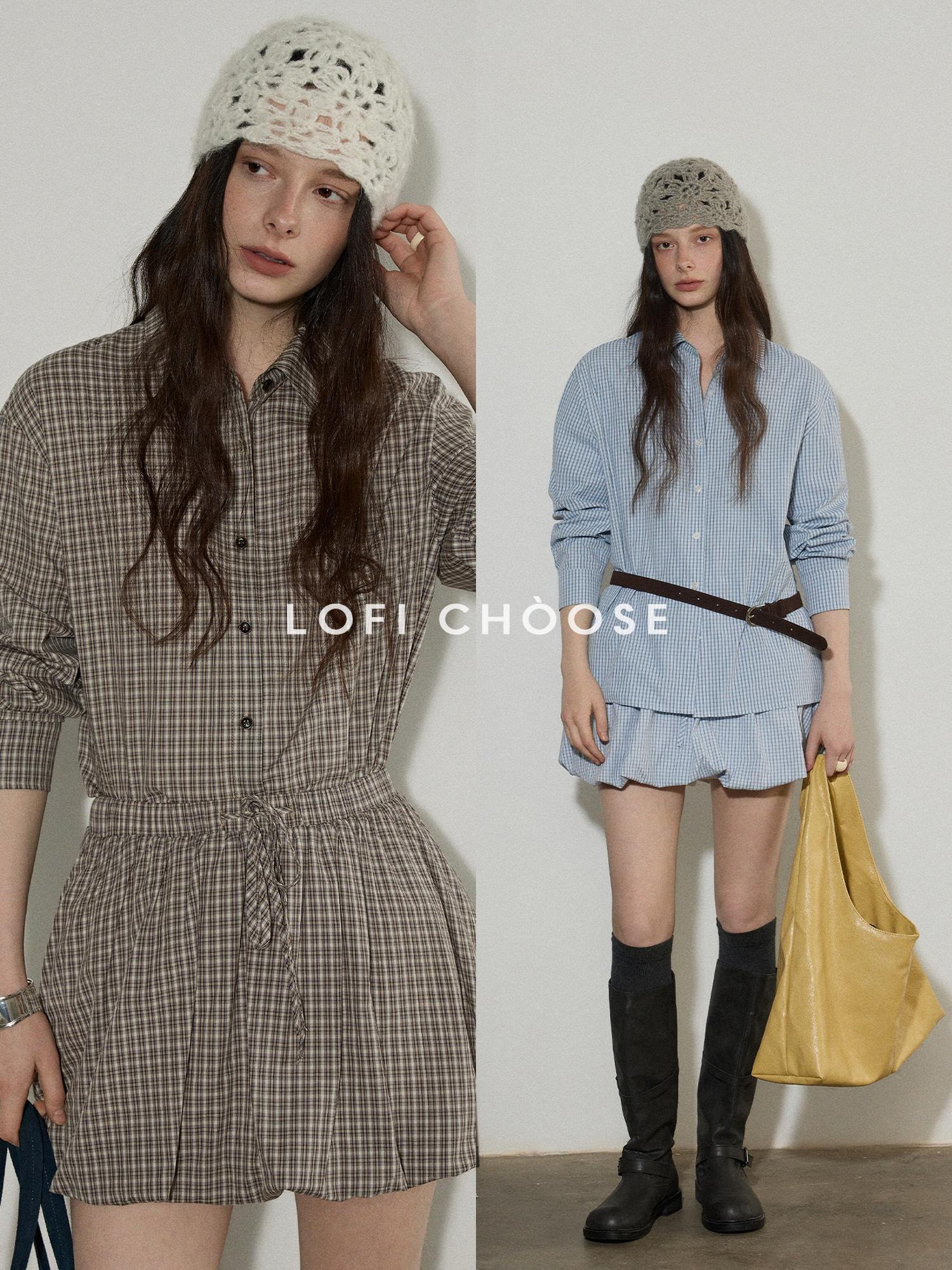 Lofi choose Comfortable Loose Plaid Button Collar Long Sleeve Women Workwear Midi Dresses
