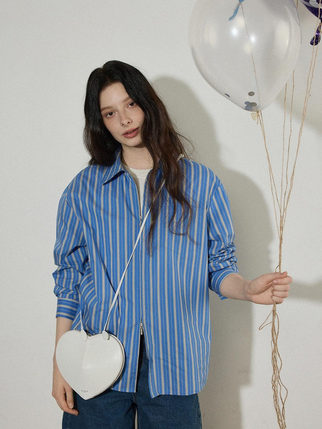 Lofi choose Cotton Blend Colorblock Loose Fit Striped Lapel Zip Women Work Shirts