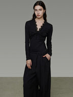 unspoken Breathable Lyocell Lace Slim Fit V-neck Long Sleeve Women Black Blouses