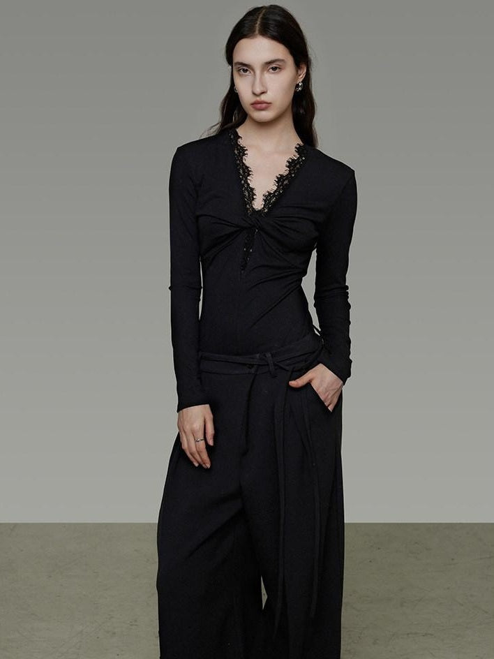 unspoken Breathable Lyocell Lace Slim Fit V-neck Long Sleeve Women Black Blouses