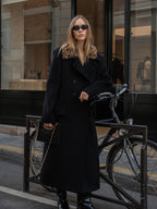 audreyyang 100% Sheep Wool Double Breasted Midlength Straight Women Black Wool Coats