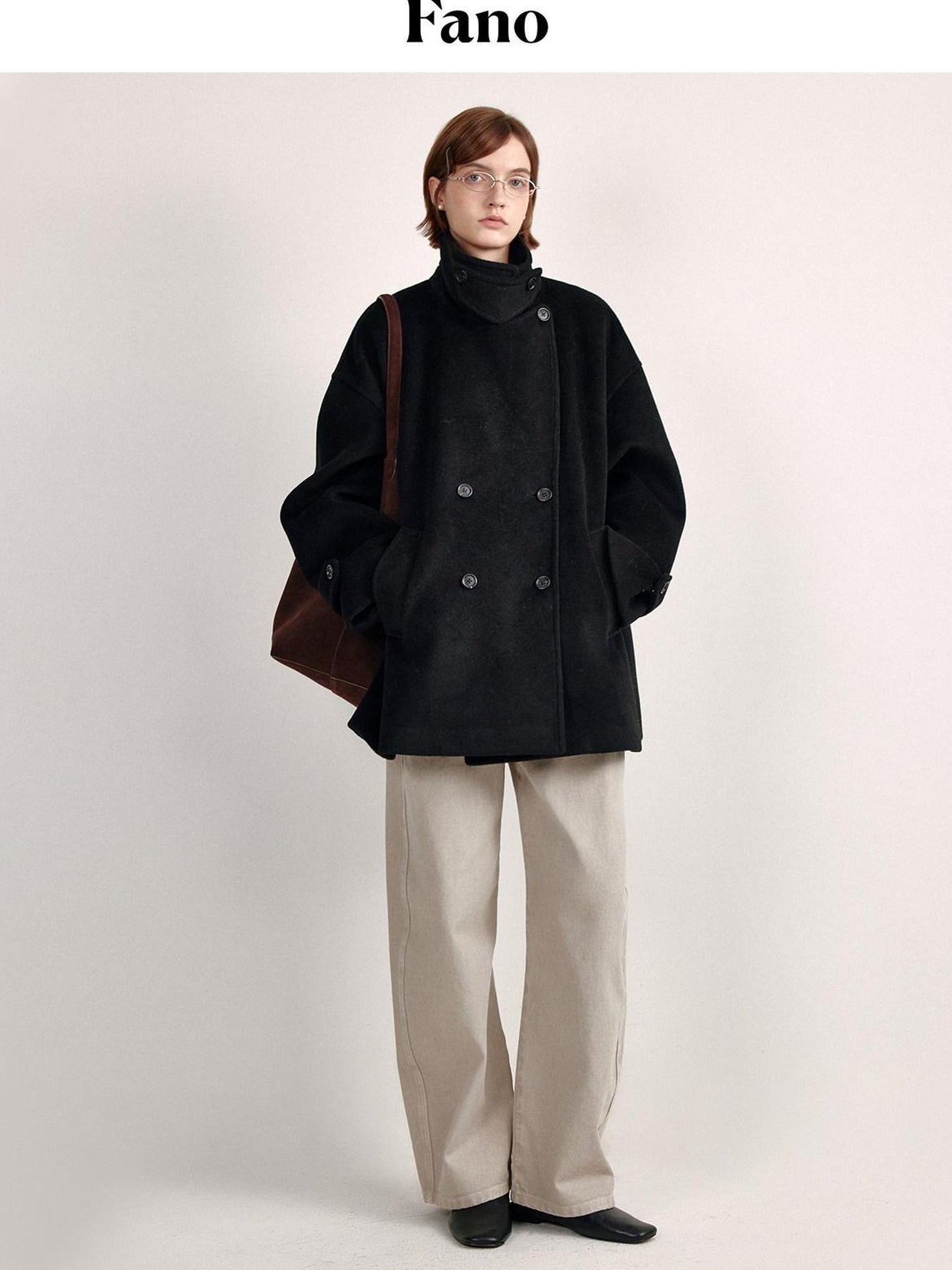 fano Double Breasted Stand Collar Commuter Loose Fit Women Black Pocket Wool Coats