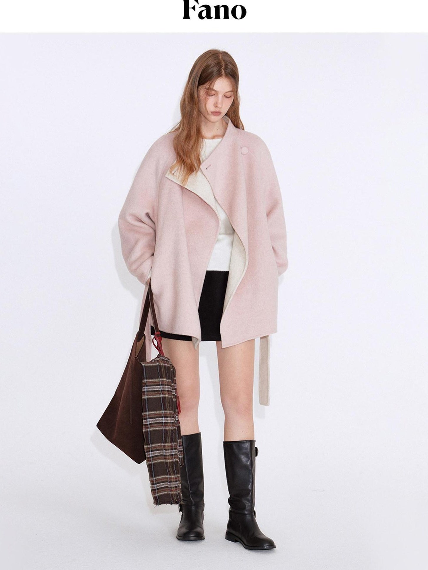 fano Soft 70 Wool Korean Straight Cut Lapel Tie Waist Women Pink Wool Coats