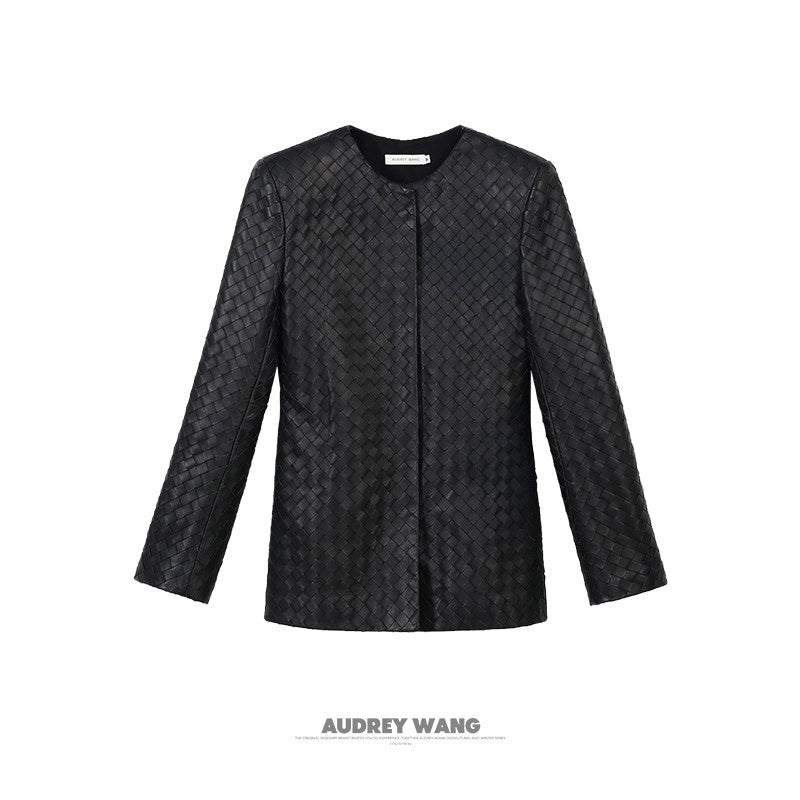 audreyyang_Soft_Lambskin_Vintage_Loose_Fit_Collarless_Black_Woven_Women_Leather_Jackets_MISSTT
