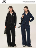 ikyou Slim Embroidered Ribbed Patchwork Cotton Lined Commuter Sweatpants