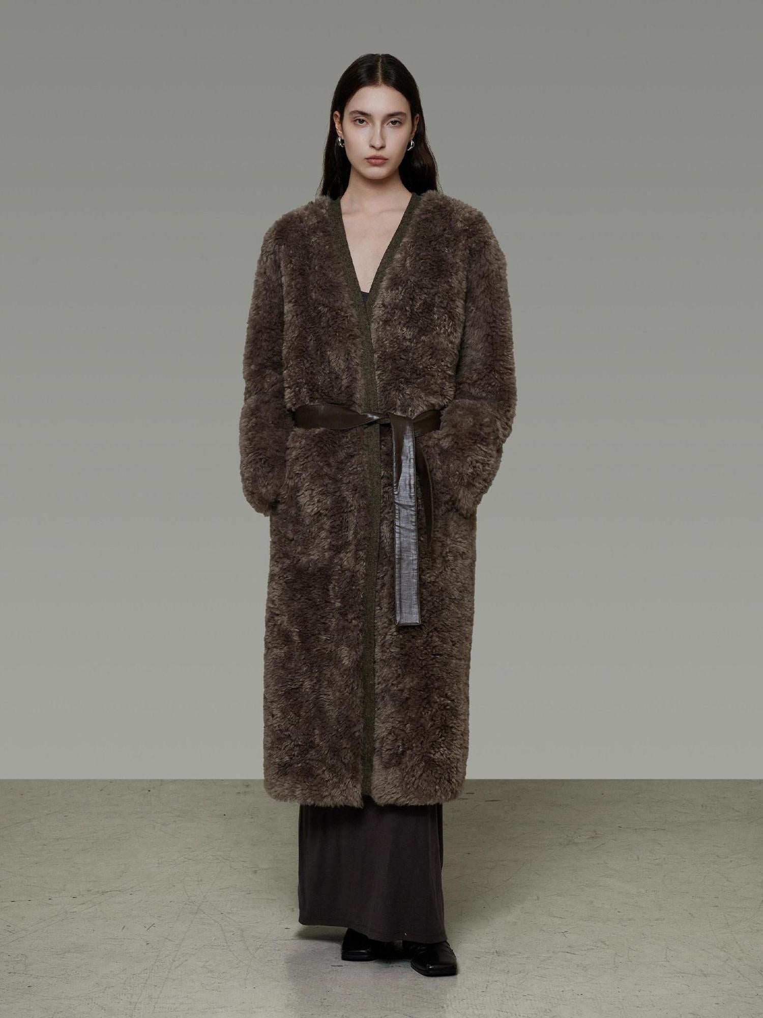 unspoken Warm Belted V-neck Loose Fit Commuter Women Brown Gray Long Coats