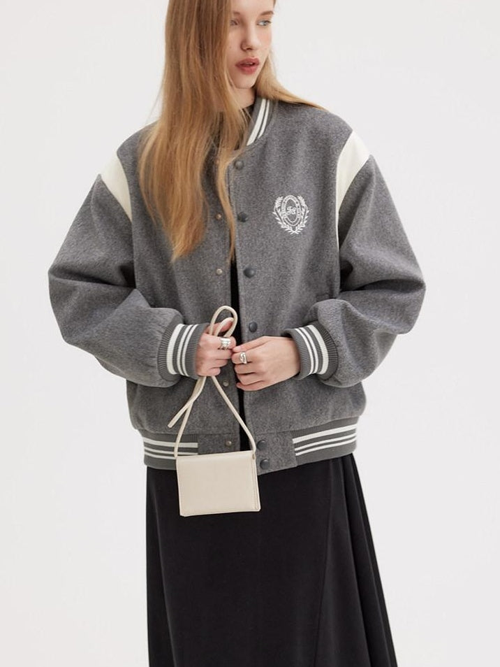 fano Embroidered Relaxed Fit Commuter Colorblock Crew Neck Women Bomber Jackets