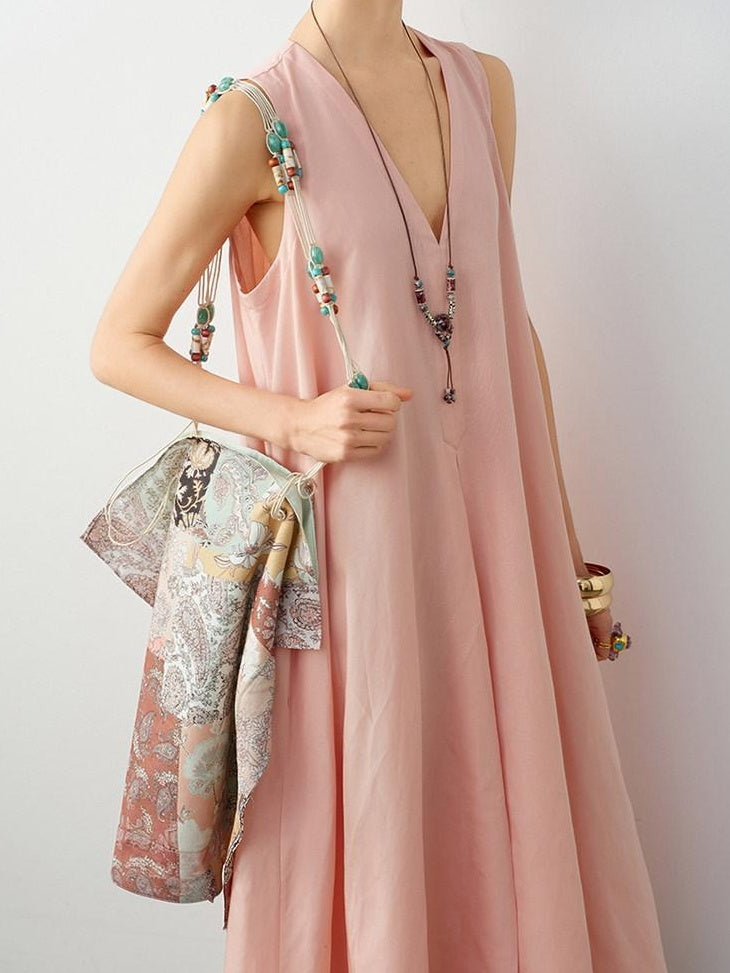 audreyyang Linen Blend V-neck Sleeveless A Line Casual Pink Maxi Dresses