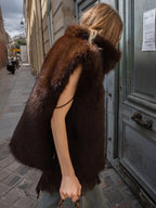 audreyyang Warm Reversible Faux Fur Stand Collar Sleeveless Relaxed Olive Short Coat