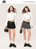 ikyou Embroidered Square Neck Long Sleeve Straight Minimal Poly Cotton Basic Crop Tops