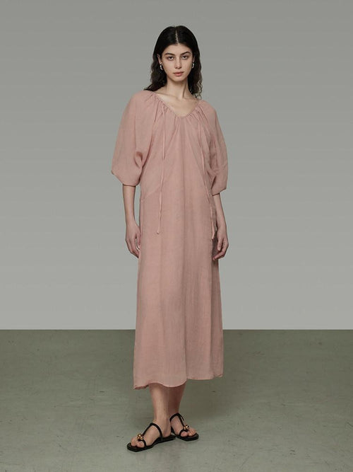 unspoken Breathable Linen Lyocell Blend Minimal A Line V-neck Pleated Women Maxi Dresses