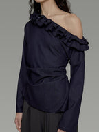 unspoken Warm Slanted Collar Loose Fit Long Sleeve Office Dark Blue Polyester Blouses