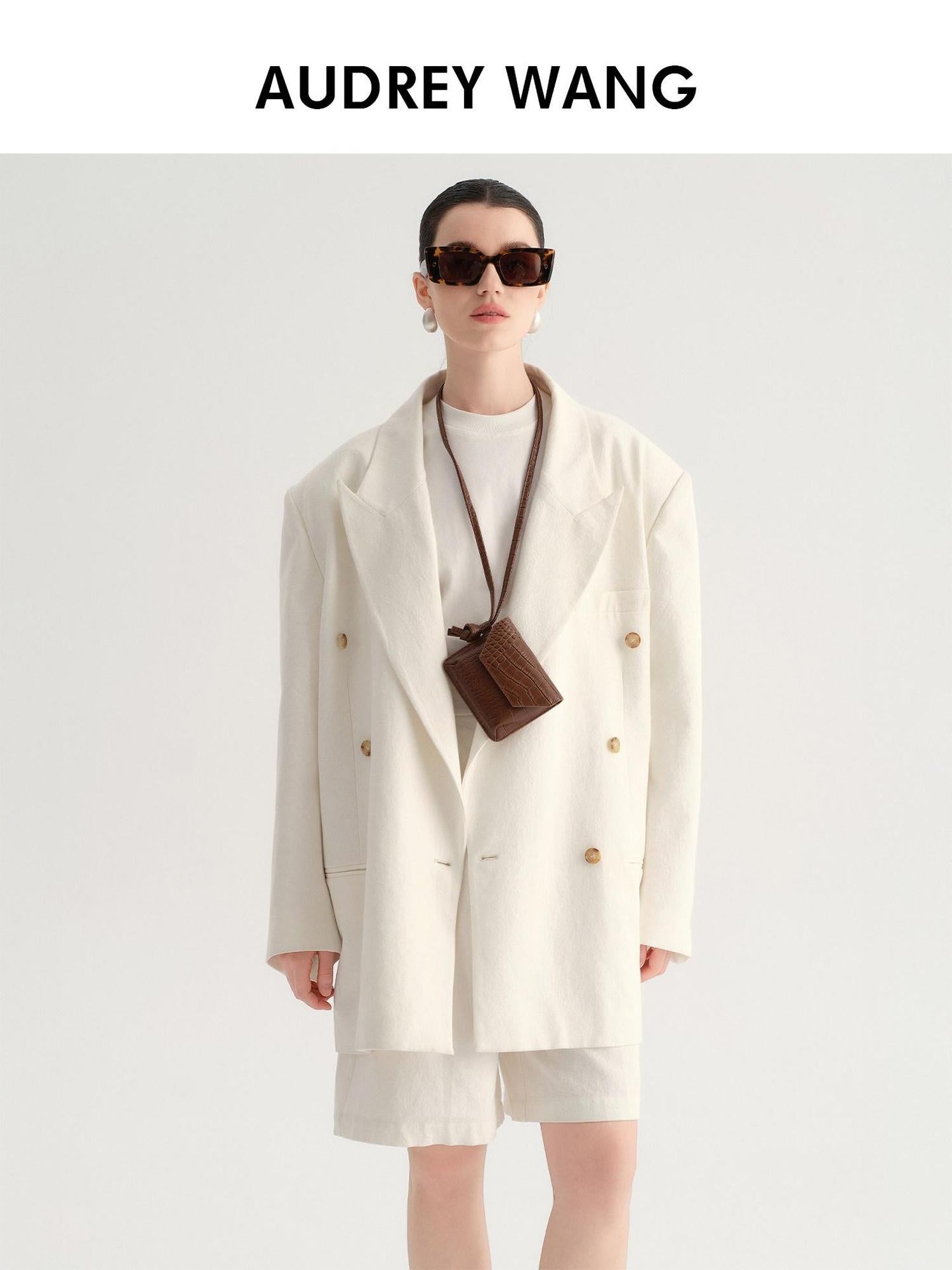 audreyyang Minimal Double Breasted Notch Lapel Midlength Loose Fit Women White Blazers