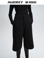 audreyyang Wool Blend Minimalist Wide Leg Natural Waist Womens Workwear Mid-Length Shorts