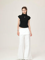 ikyou Wrinkle Free Minimalist Commuter Elastic Waist Natural Rise White Wide Leg Pants
