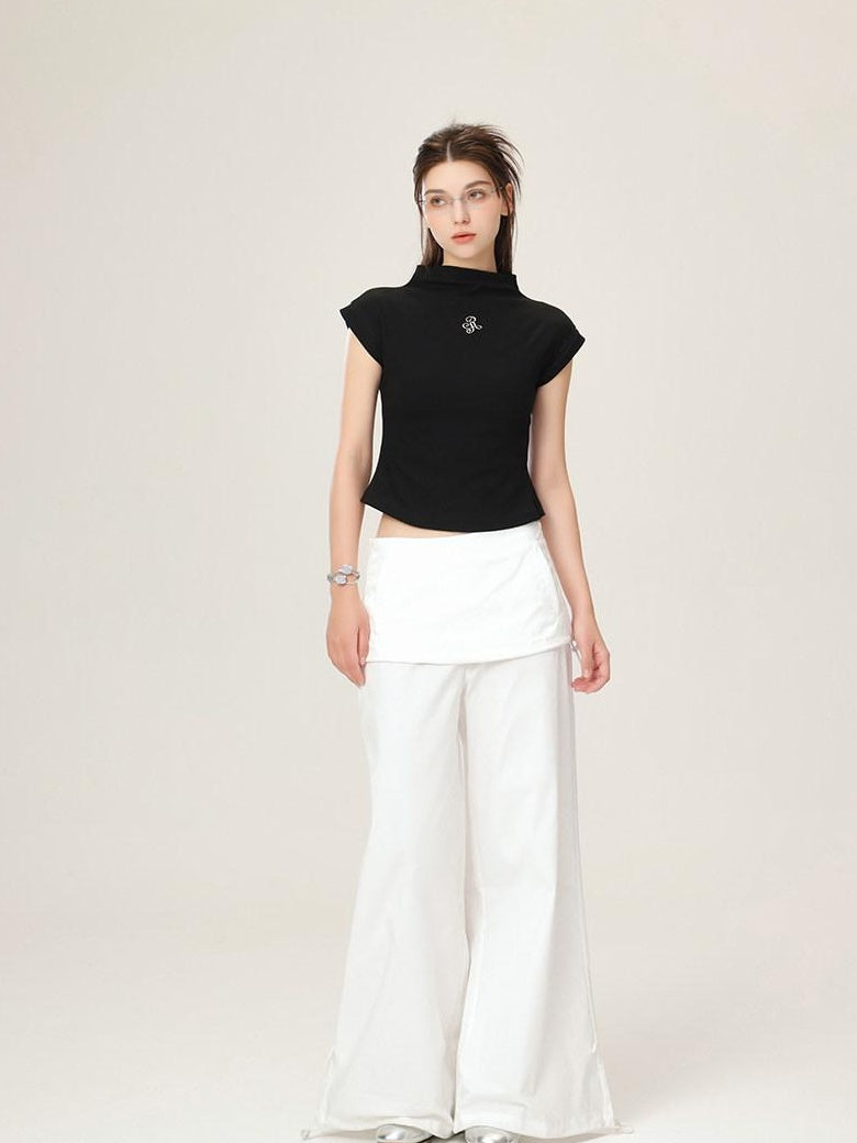 ikyou Wrinkle Free Minimalist Commuter Elastic Waist Natural Rise White Wide Leg Pants