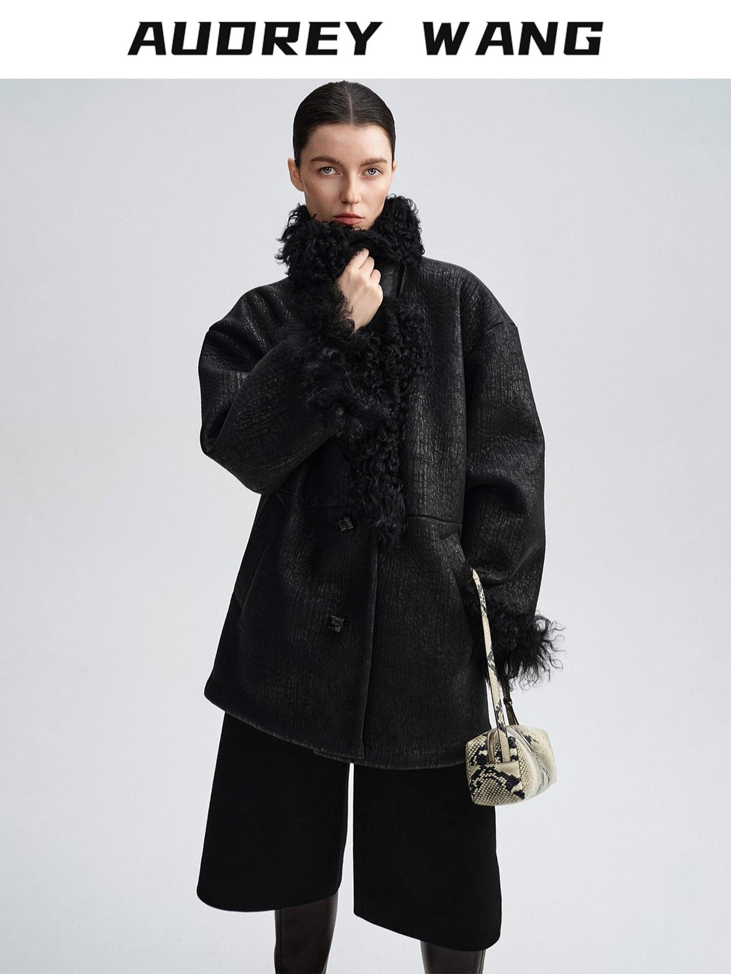 audreyyang Warm Wool Shearling Collar Patchwork Loose Midlength Women Black Long Coats