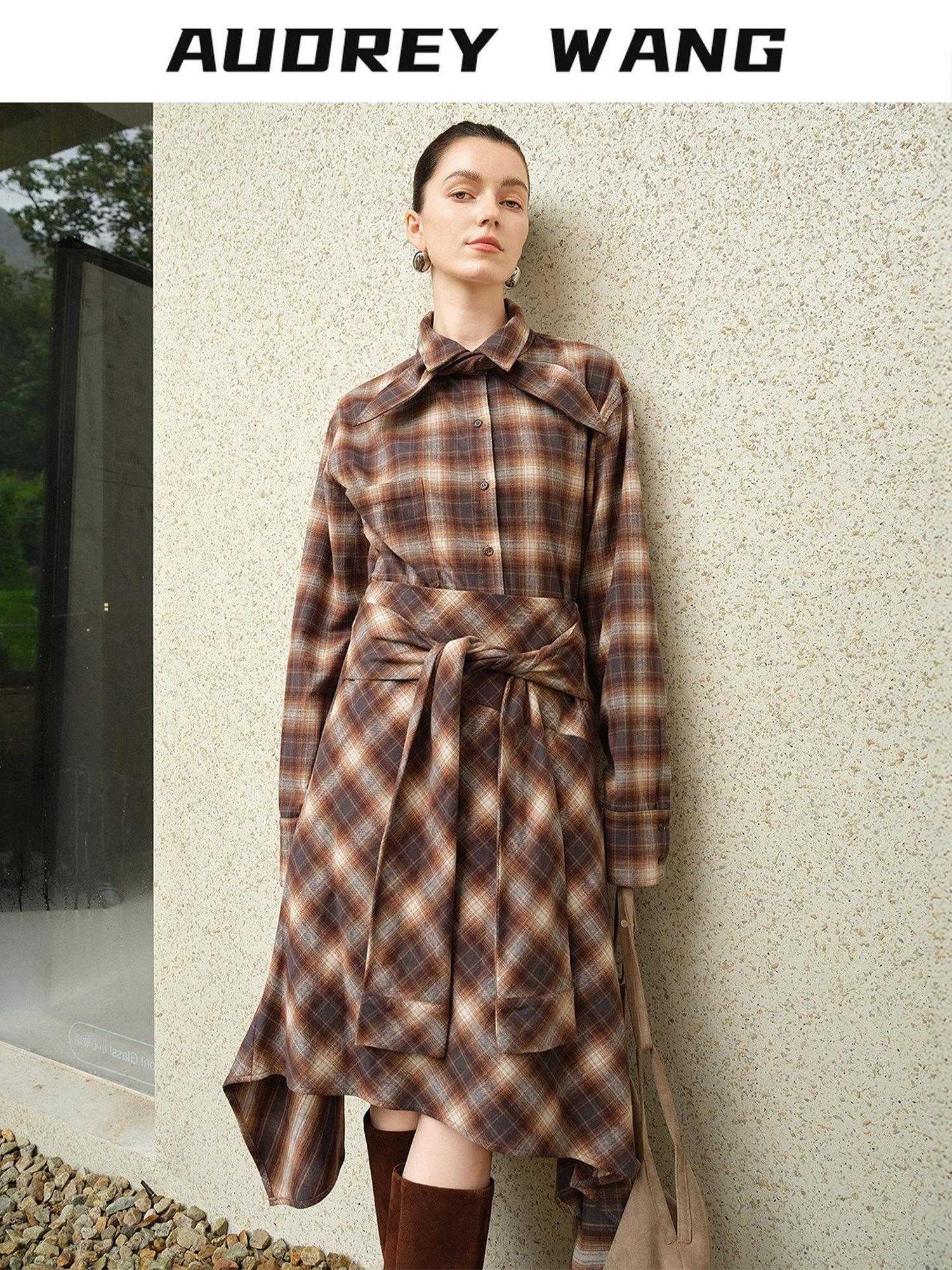audreyyang Brushed Cotton Sunset Orange Belted Plaid Cardigan Women Top & Skirt Sets