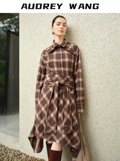 audreyyang Brushed Cotton Sunset Orange Belted Plaid Cardigan Women Top & Skirt Sets