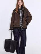 fano Chocolate Brown Fur Lined Stand Collar Loose Fit Casual Women Zip Bomber Jackets