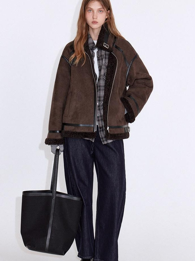 fano Chocolate Brown Fur Lined Stand Collar Loose Fit Casual Women Zip Bomber Jackets