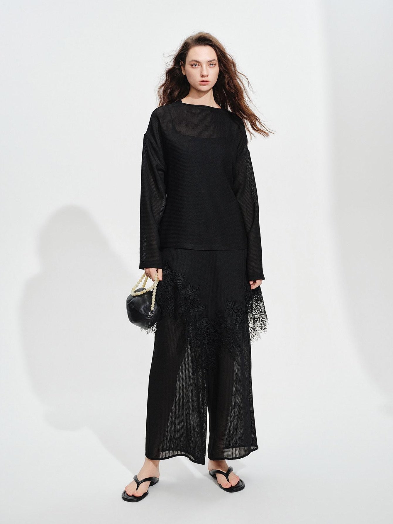 audreyyang Soft Viscose Blend Natural Waist Casual Flowy Women Black White Wide Leg Pants